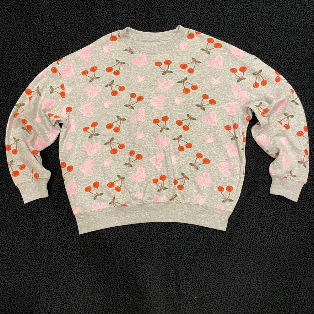 Womens Cherry Print Sweatshirt Graphic Casual Gray Medium Loungwear Long Sleeves